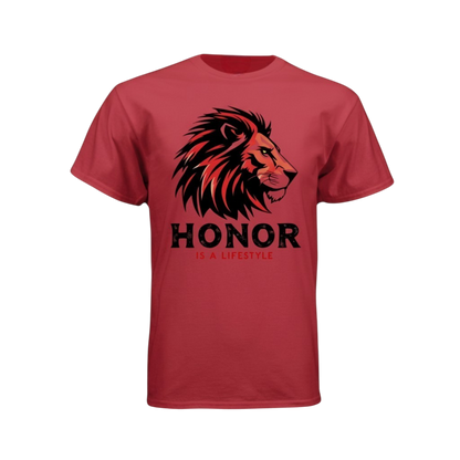 Red t-shirt with a lion graphic and 'Honor is a Lifestyle' text on a white background