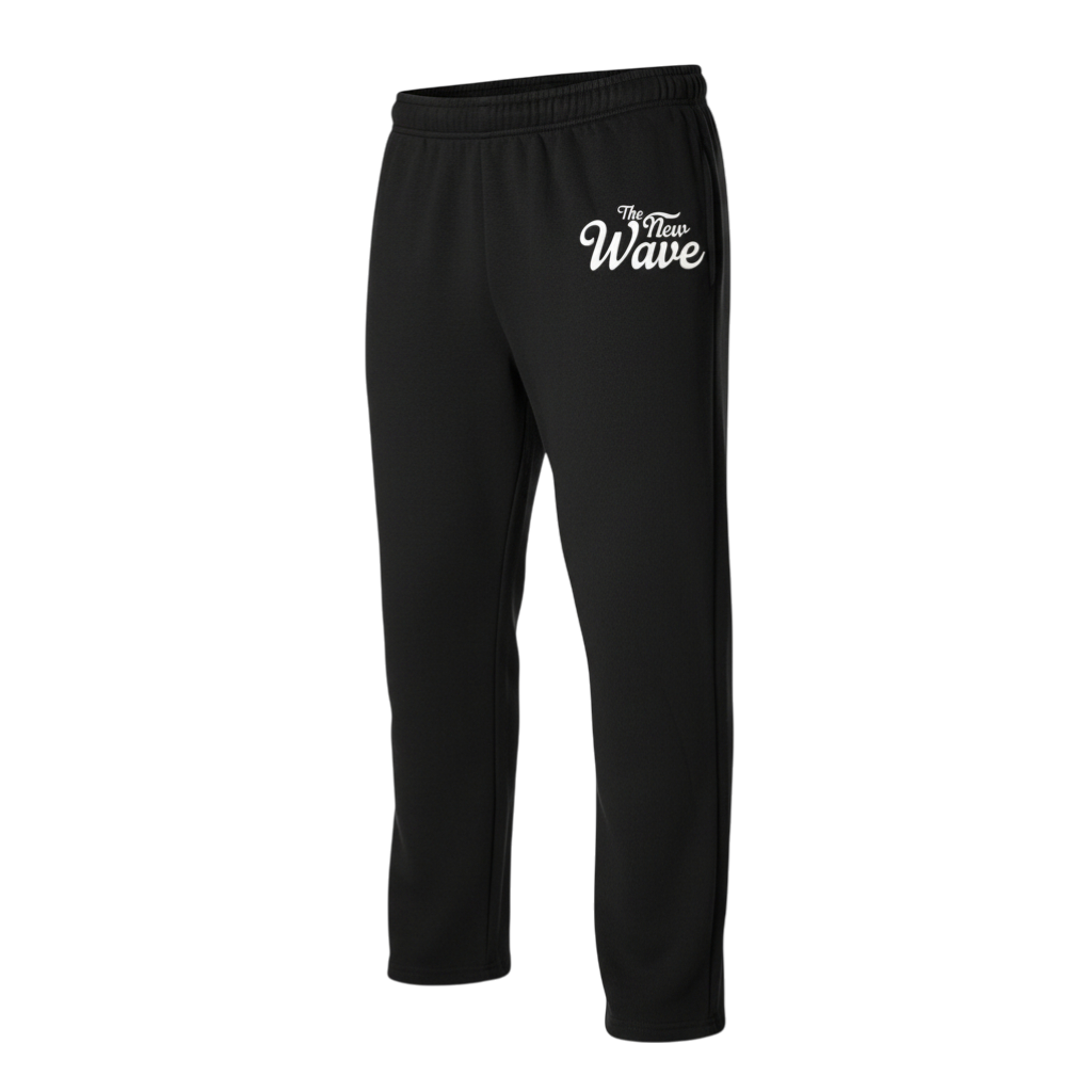 Black sweatpants with 'The New Wave' logo on a white background