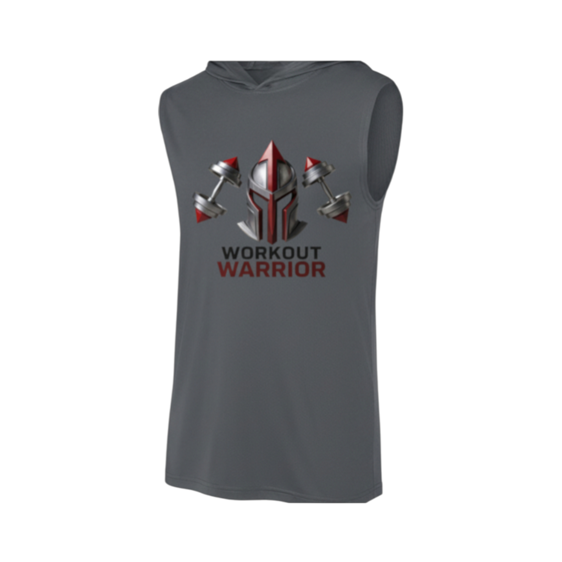 Gray sleeveless hoodie with 'Workout Warrior' design on a white background