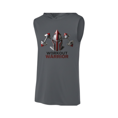 Gray sleeveless hoodie with 'Workout Warrior' design on a white background