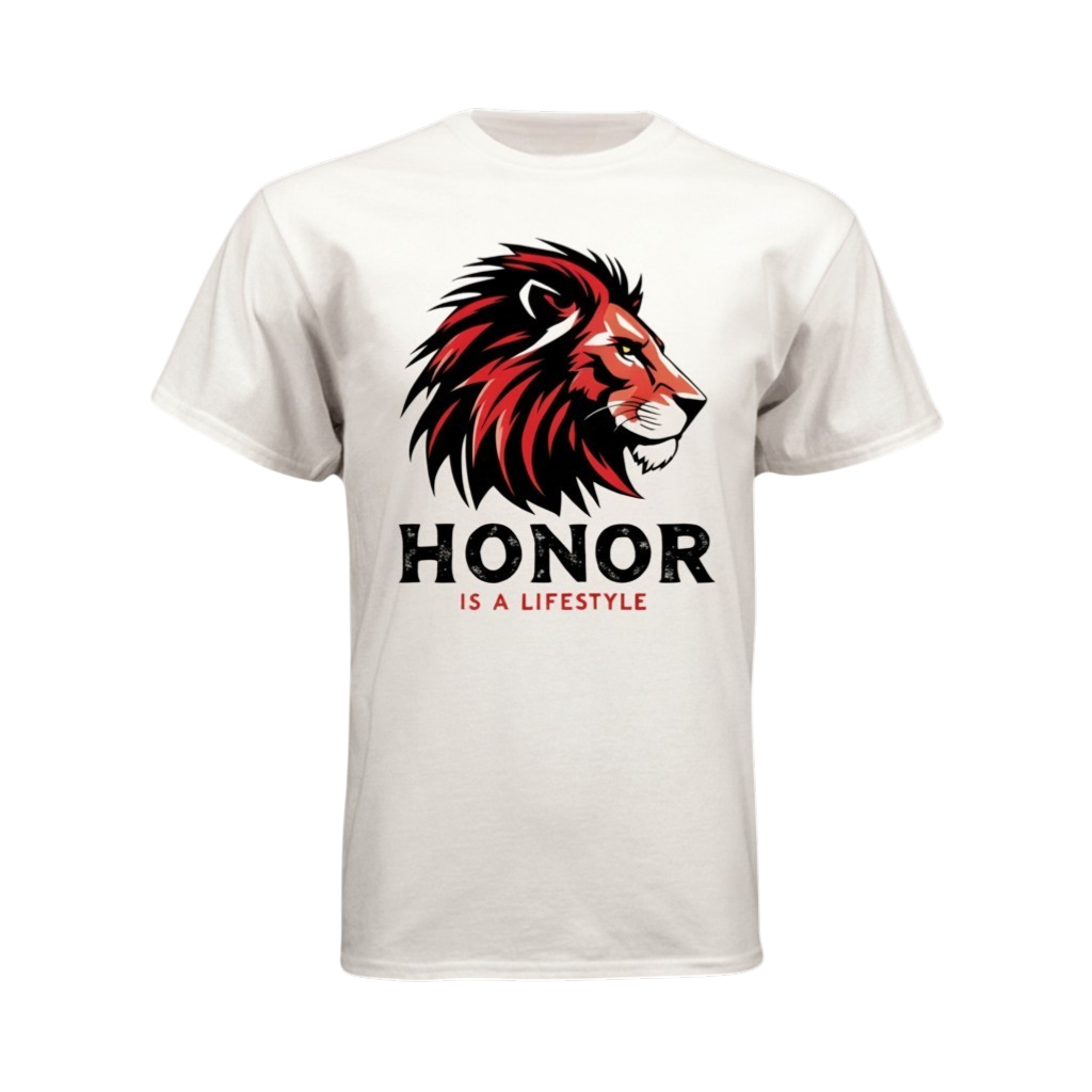 White t-shirt with a red and black lion graphic and 'Honor is a Lifestyle' text on a white background
