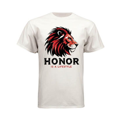 White t-shirt with a red and black lion graphic and 'Honor is a Lifestyle' text on a white background