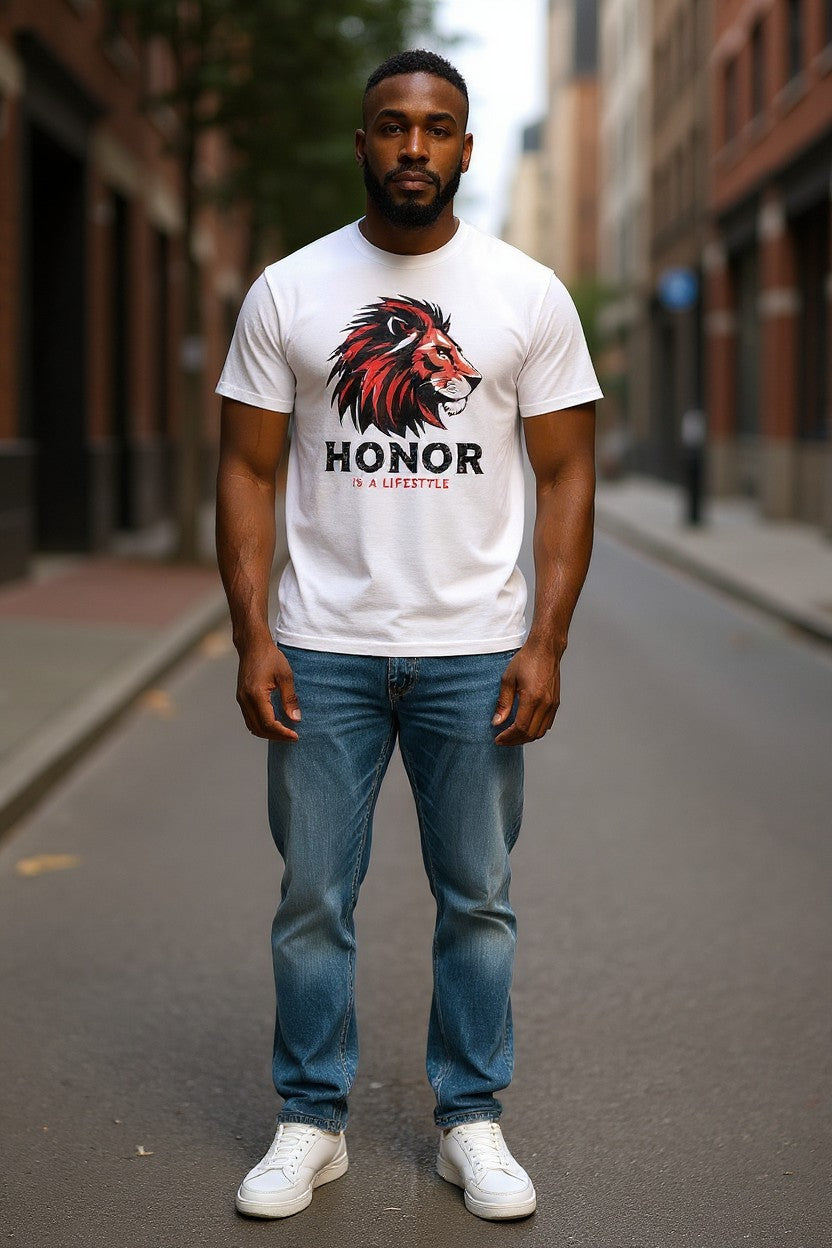Man wearing a white t-shirt with a lion graphic and 'Honor' text on a city street.