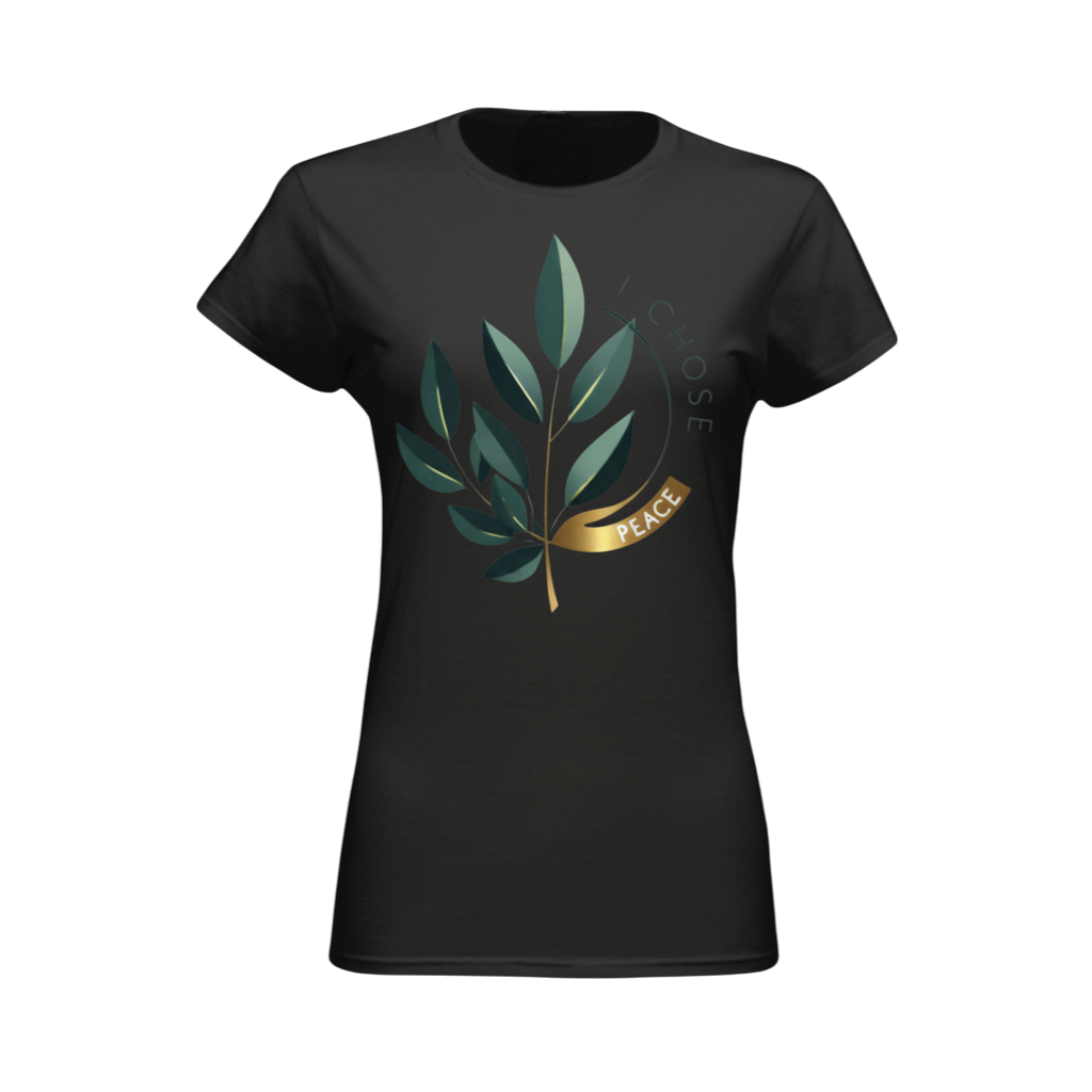 Black t-shirt with green leaf design and gold text on a white background