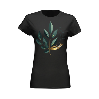 Black t-shirt with green leaf design and gold text on a white background