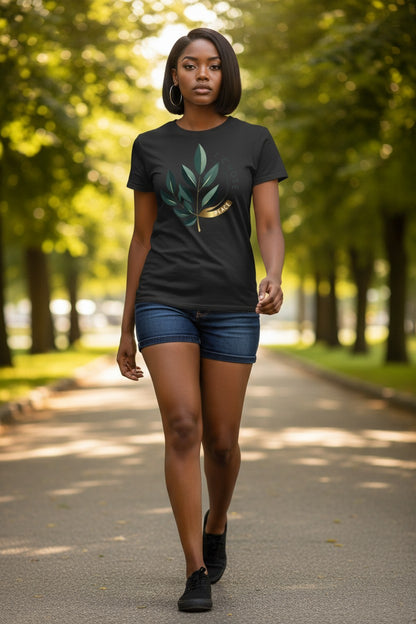 Woman walking on a path in a park wearing a black t-shirt with a green design.