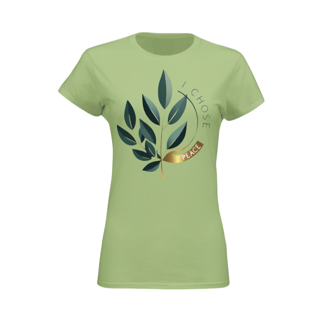 Light green t-shirt with leaf design and 'I Chose Peace' text on a white background