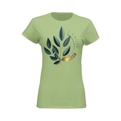 Light green t-shirt with leaf design and 'I Chose Peace' text on a white background