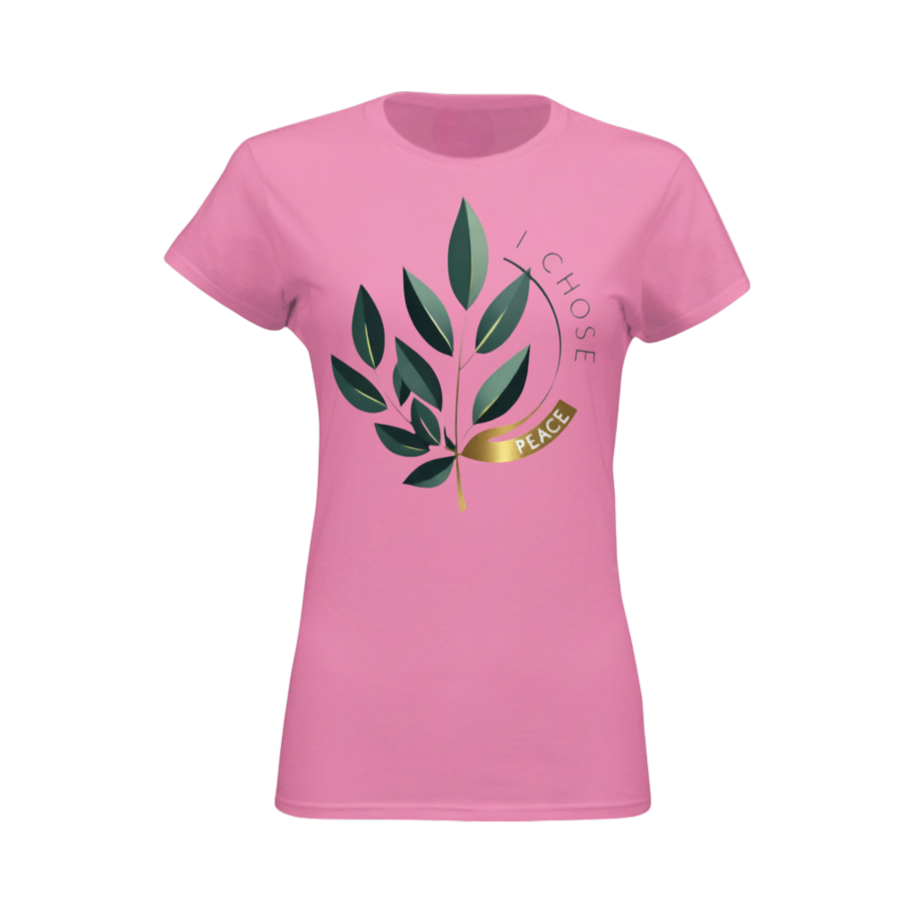 Pink t-shirt with leaf design and 'I Chose Peace' text on a white background