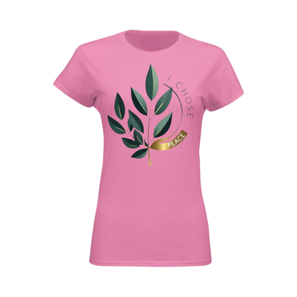 Pink t-shirt with leaf design and 'I Chose Peace' text on a white background