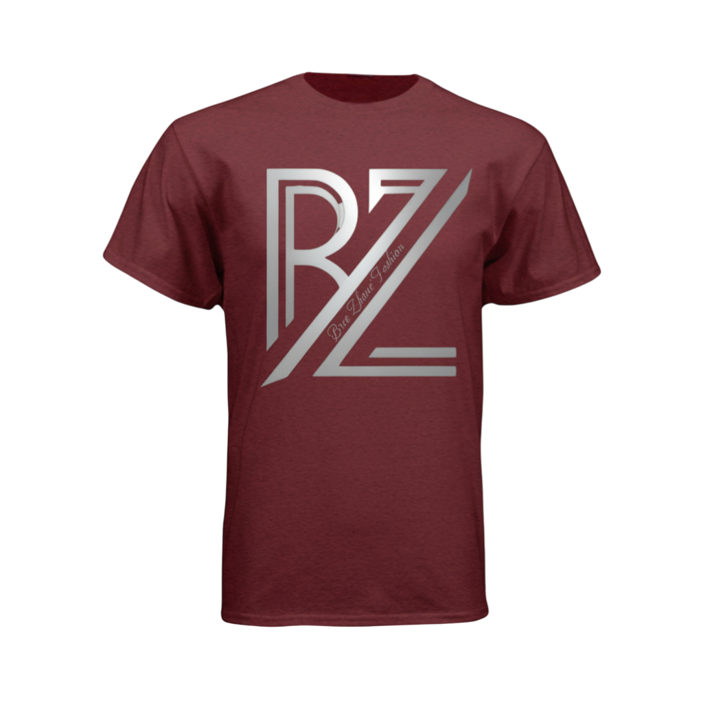 Maroon t-shirt with a silver logo on a white background