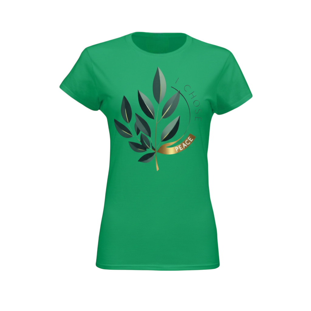 Green t-shirt with leaf design and 'I Choose Peace' text on a white background