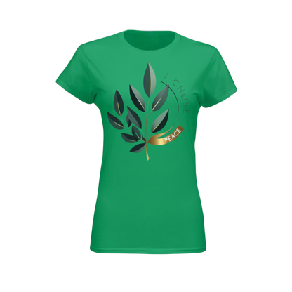Green t-shirt with leaf design and 'I Choose Peace' text on a white background
