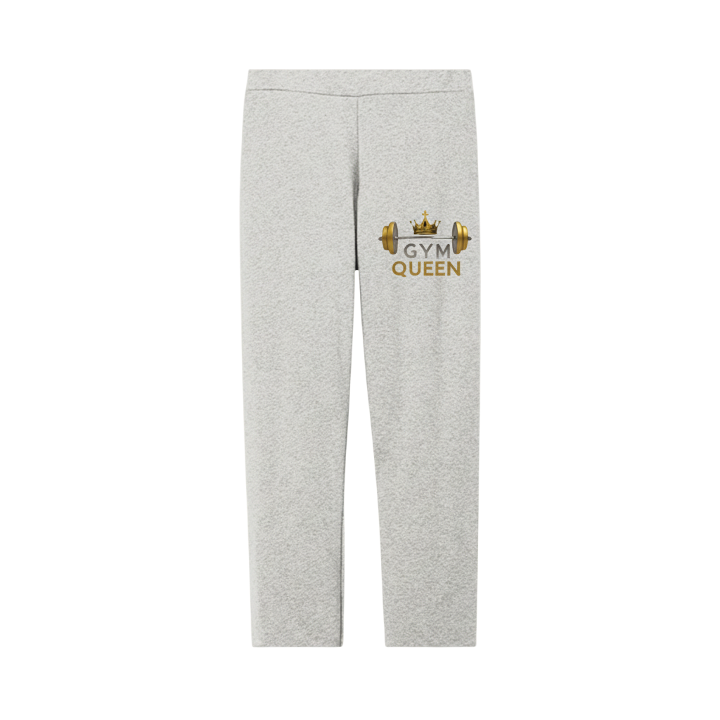 Gray sweatpants with 'Gym Queen' text and graphics on a white background