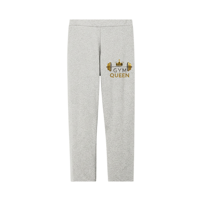 Gray sweatpants with 'Gym Queen' text and graphics on a white background