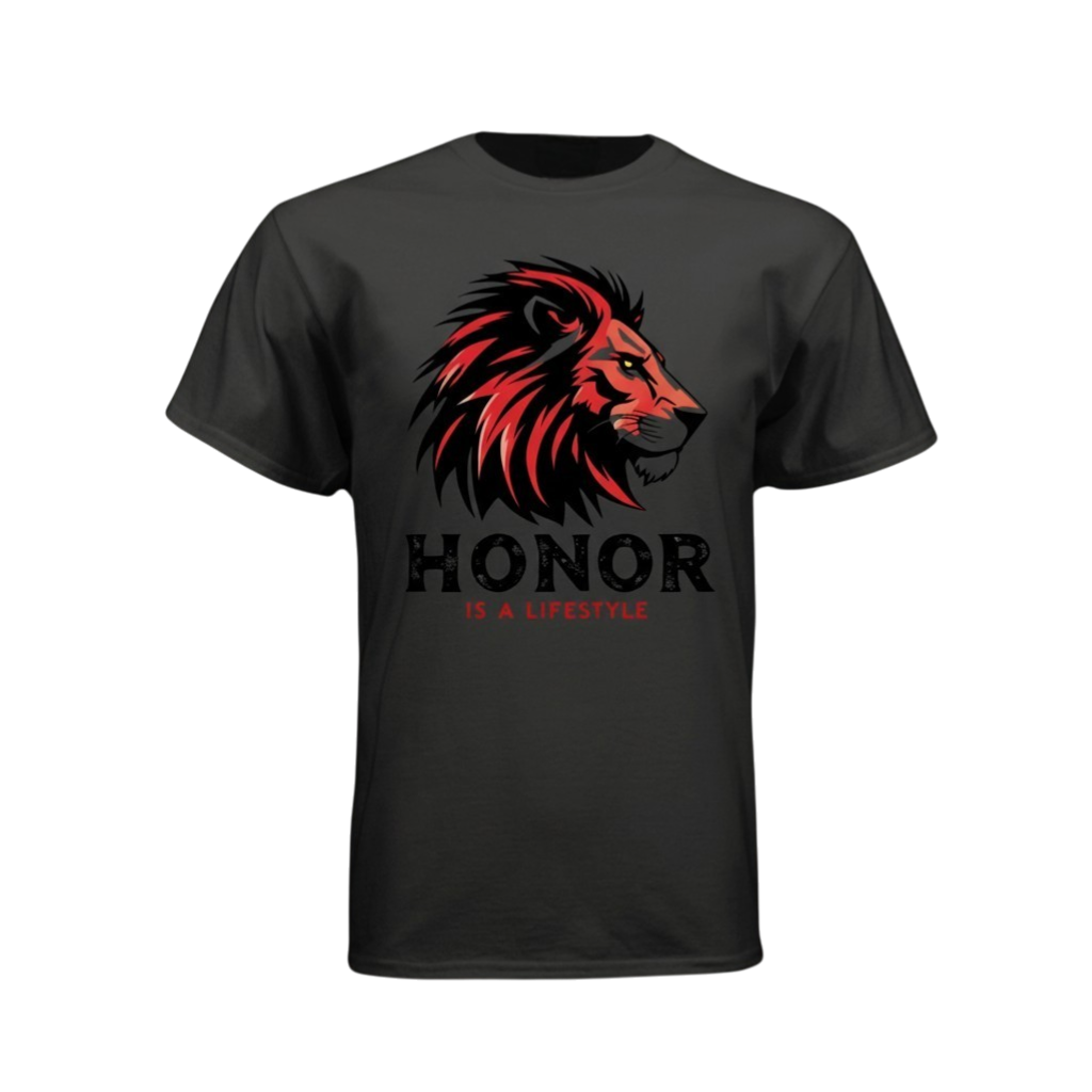 Black t-shirt with a red and black lion graphic and 'Honor is a Lifestyle' text on a white background