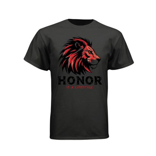 Black t-shirt with a red and black lion graphic and 'Honor is a Lifestyle' text on a white background