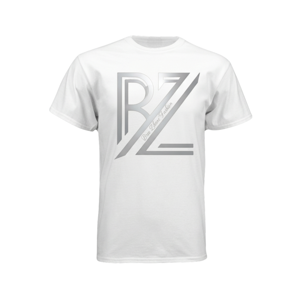 White t-shirt with a logo on a white background