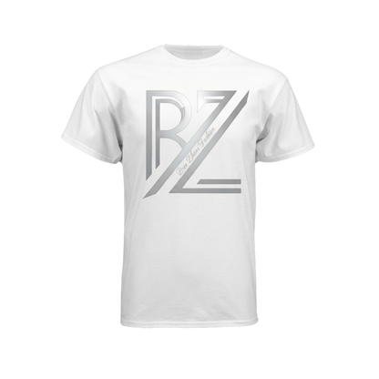 White t-shirt with a logo on a white background