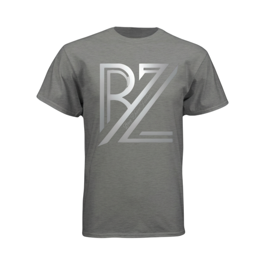 Gray t-shirt with a logo on a white background