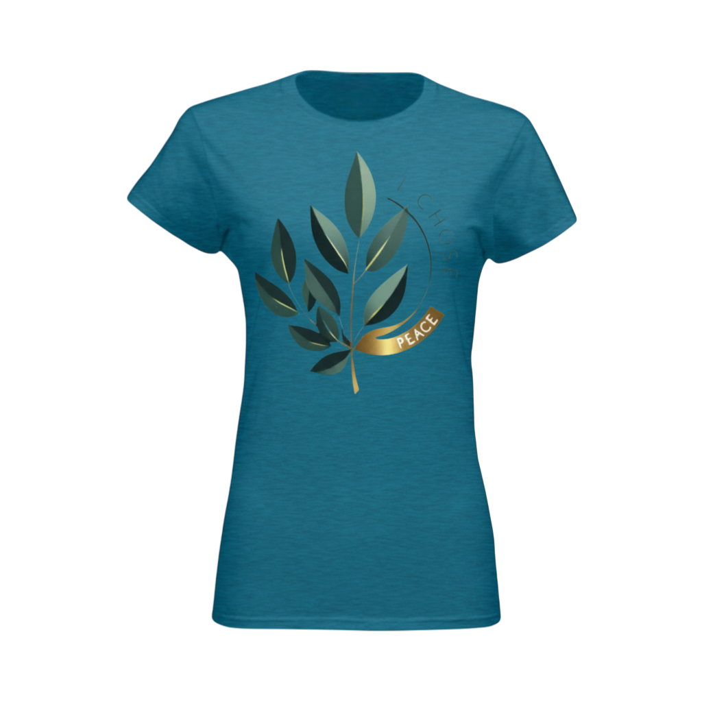 Blue t-shirt with leaf design and 'PEACE' text on a white background