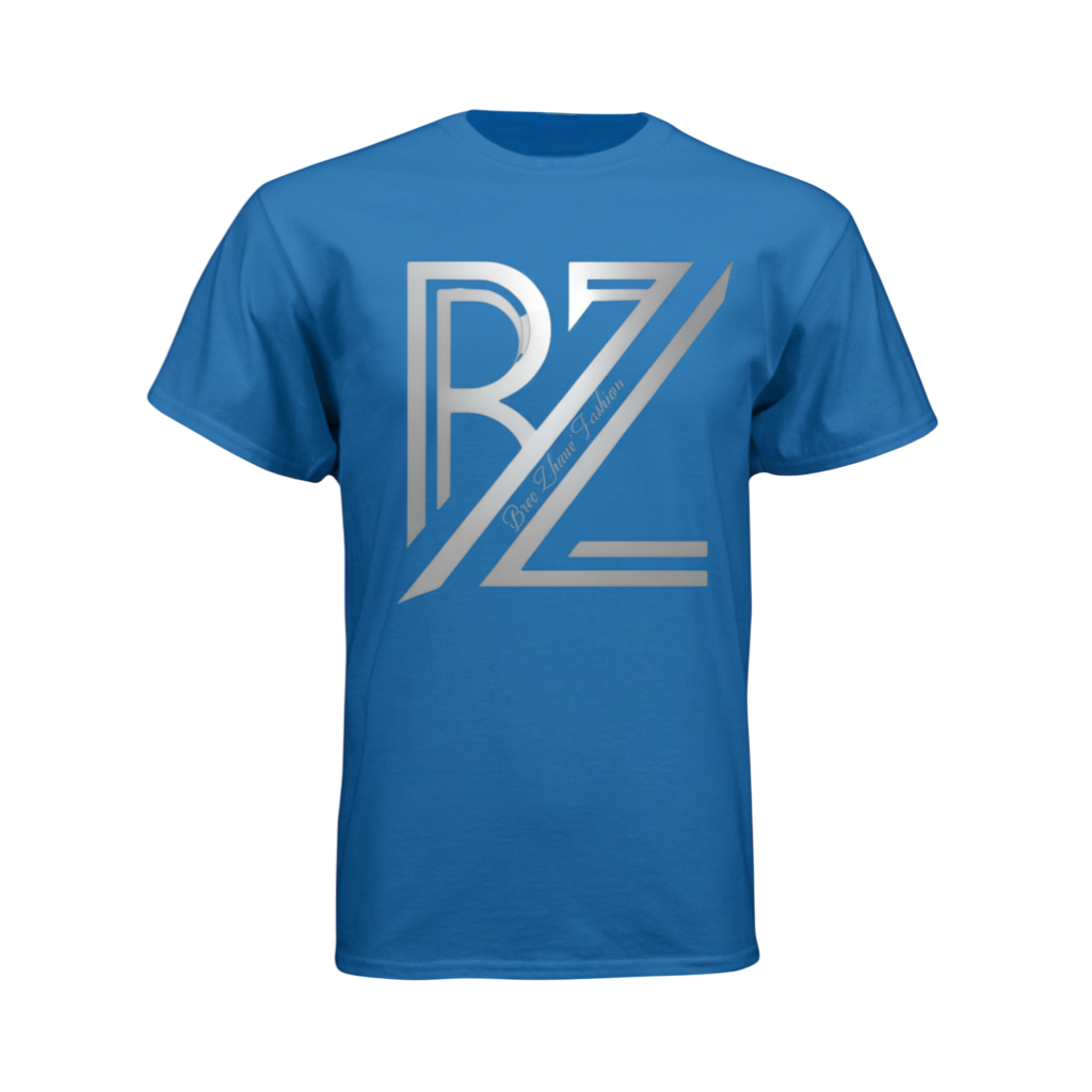 Blue t-shirt with a silver logo on a white background