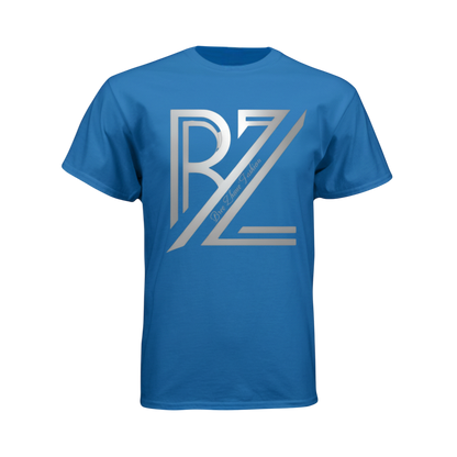Blue t-shirt with a silver logo on a white background