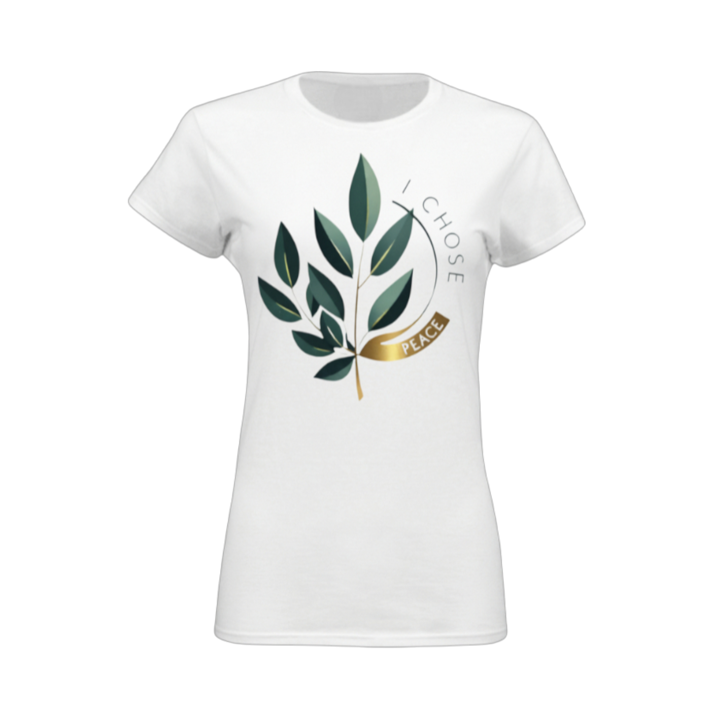 White t-shirt with green leaf design and 'I Chose Peace' text on a white background