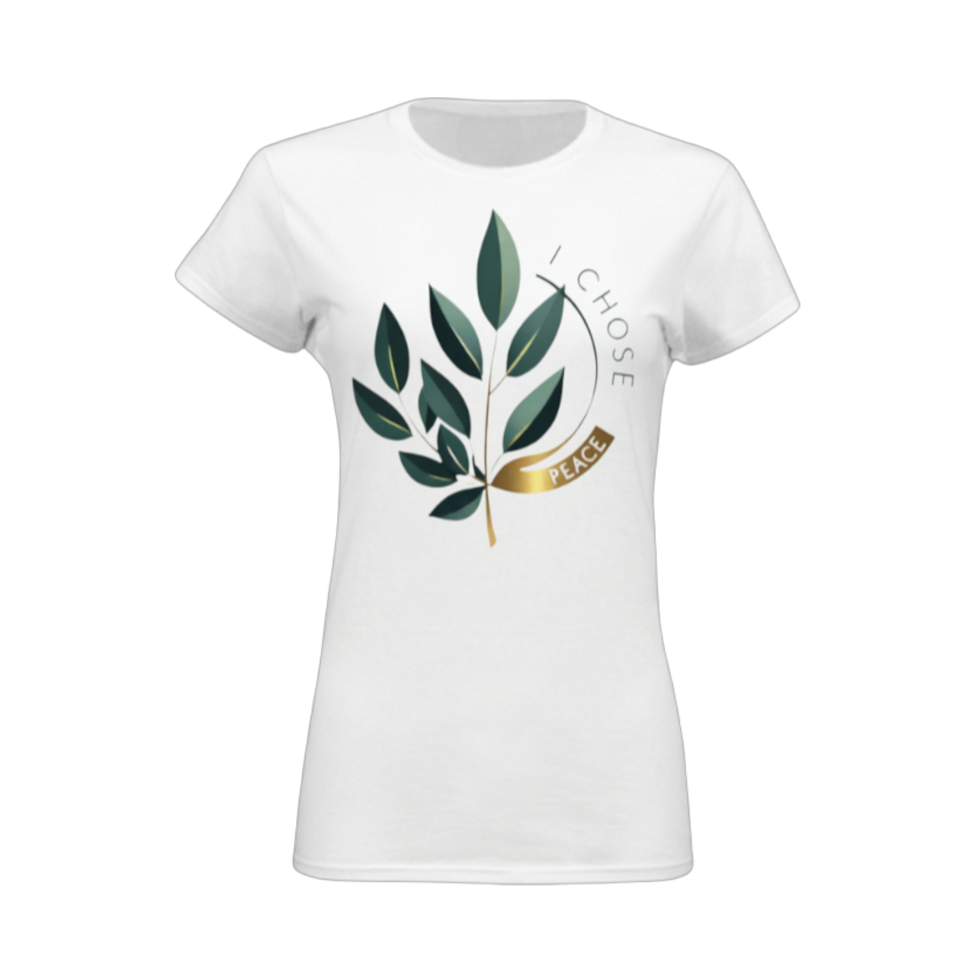 White t-shirt with green leaf design and 'I Chose Peace' text on a white background