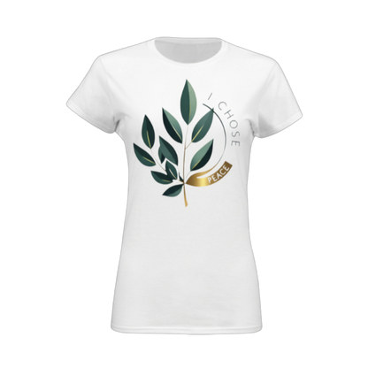 White t-shirt with green leaf design and 'I Chose Peace' text on a white background