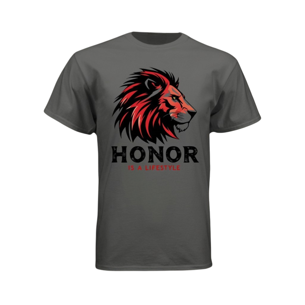 Gray t-shirt with a red and black lion graphic and 'Honor is a Lifestyle' text on a white background