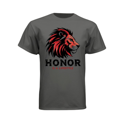 Gray t-shirt with a red and black lion graphic and 'Honor is a Lifestyle' text on a white background