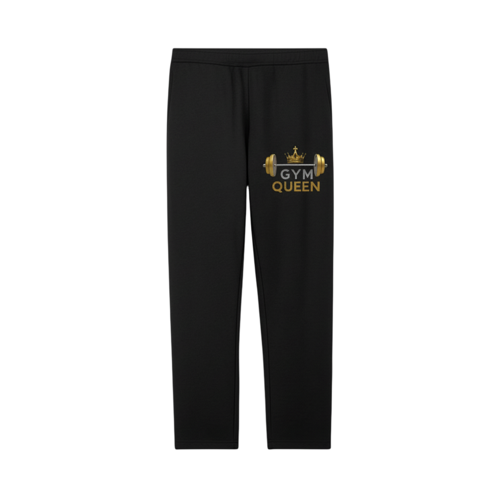 Black sweatpants with 'Gym Queen' text and graphics on a white background
