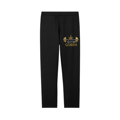 Black sweatpants with 'Gym Queen' text and graphics on a white background
