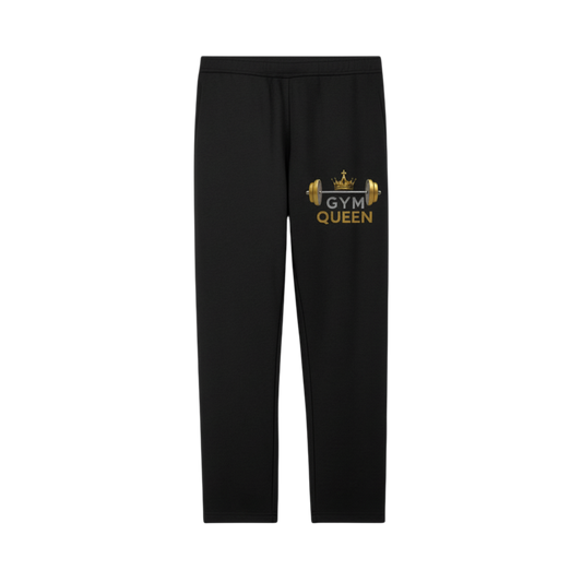 Black sweatpants with 'Gym Queen' text and graphics on a white background