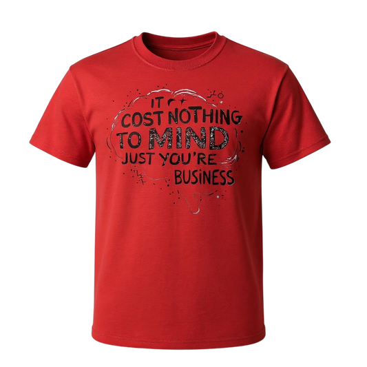 Red t-shirt with black text on a white background