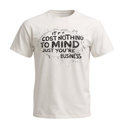 White t-shirt with black text design on a white background
