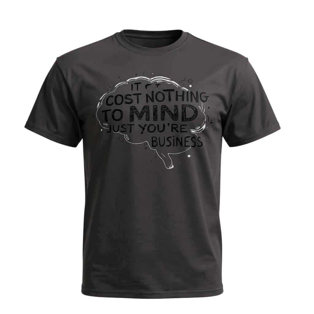 Black t-shirt with a humorous quote graphic on a white background