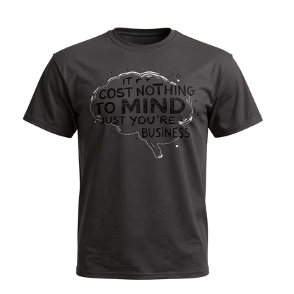 Black t-shirt with a humorous quote graphic on a white background