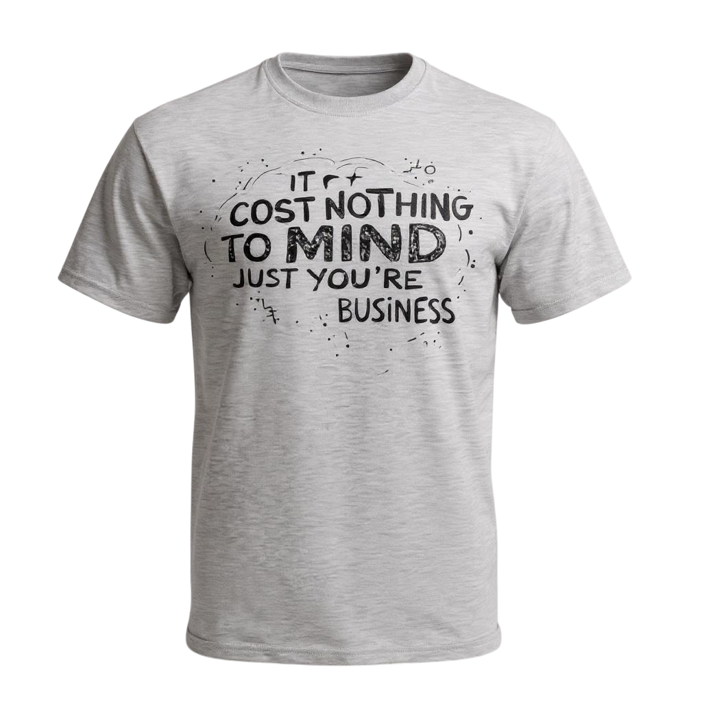 Gray t-shirt with black text on a white background