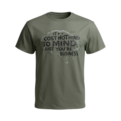 Green t-shirt with a humorous graphic and text on a white background