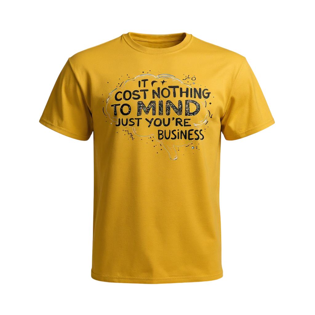 Yellow t-shirt with black text and design on a white background