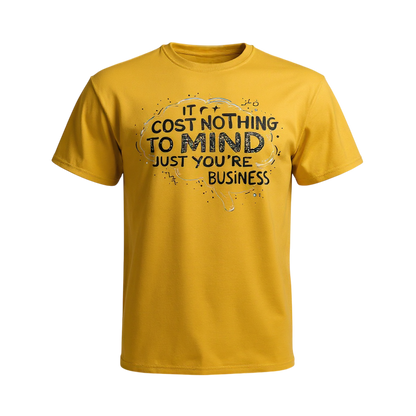 Yellow t-shirt with black text and design on a white background