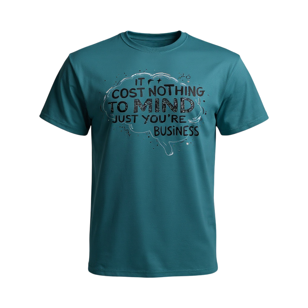 Teal t-shirt with motivational quote graphic on a white background