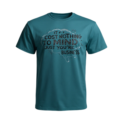 Teal t-shirt with motivational quote graphic on a white background