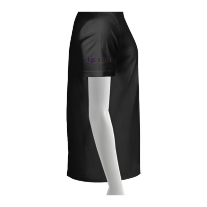 Black athletic skirt with 'QUEEN' text on a white background