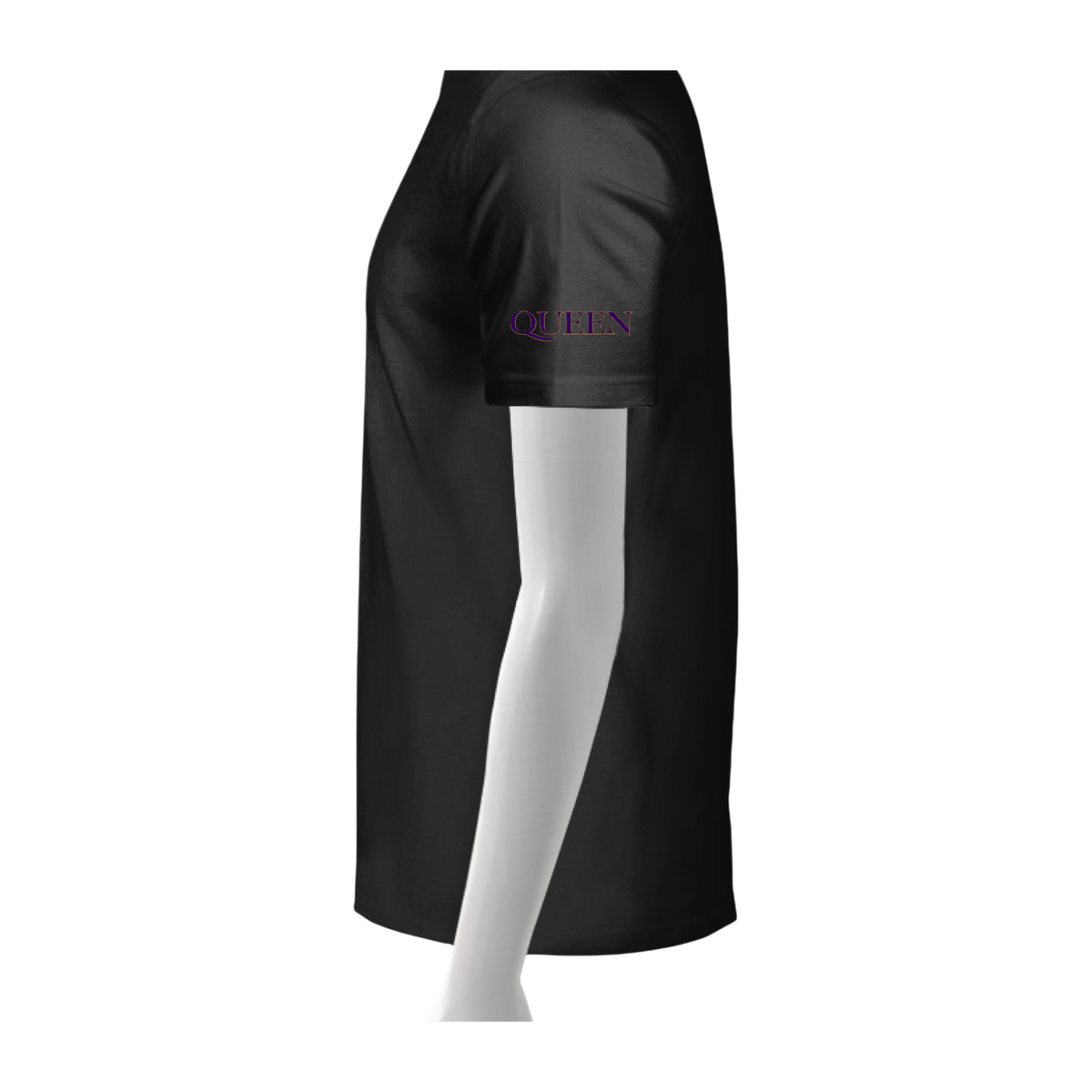 Black satin skirt with 'QUEEN' embroidery on a white background