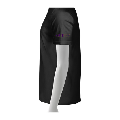 Black satin skirt with 'QUEEN' embroidery on a white background