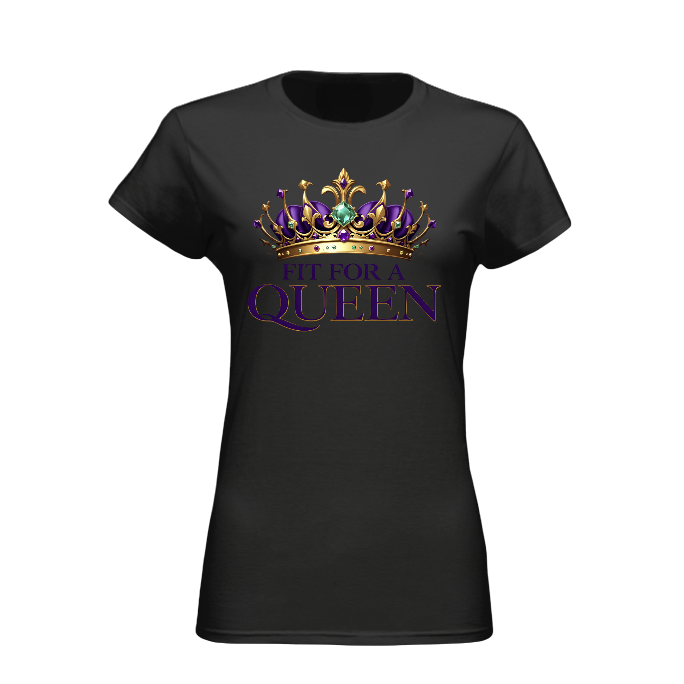 Black t-shirt with a crown graphic and 'Fit for a Queen' text on a white background