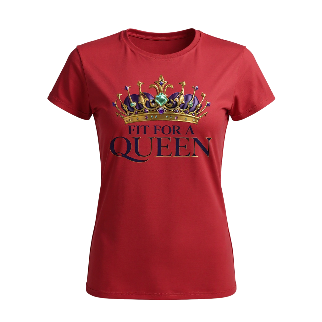 Red t-shirt with a crown and 'Fit for a Queen' text on a white background